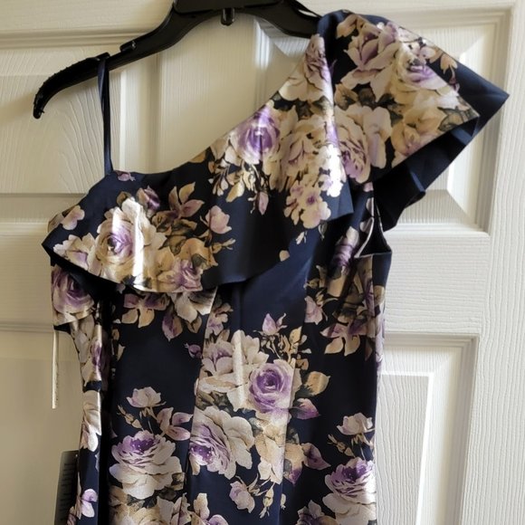Eliza J Dress, Floral One-shoulder Navy-Blue, Size 12, NEW with TAG - Picture 3 of 12